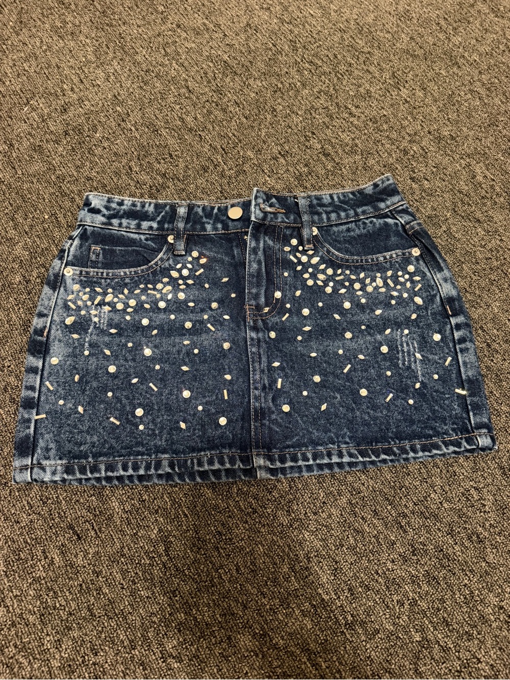 Fashion Nova Dark Blue Denim Mini Skirt with Pearl Studs